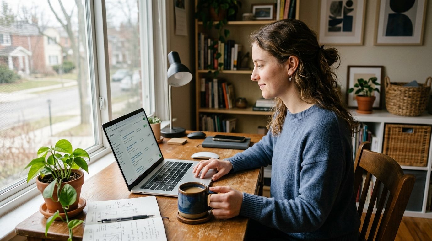 Freelancer reviewing aggregated gig listings and a draft application on a laptop